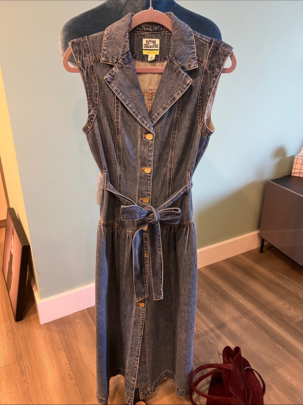 Sleeveless Dark Blue Denim Midi Dress with Tie Belt